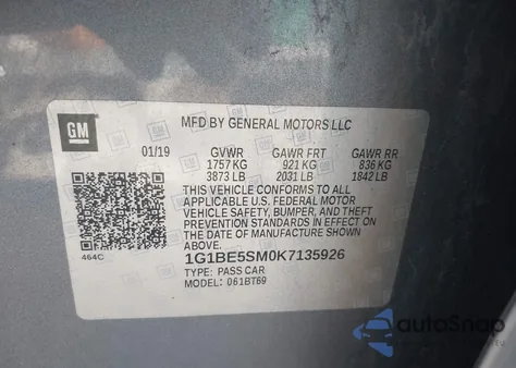 2019 Chevrolet Cruze Lt from USA, damaged, VIN 1G1BE5SM0K7135926